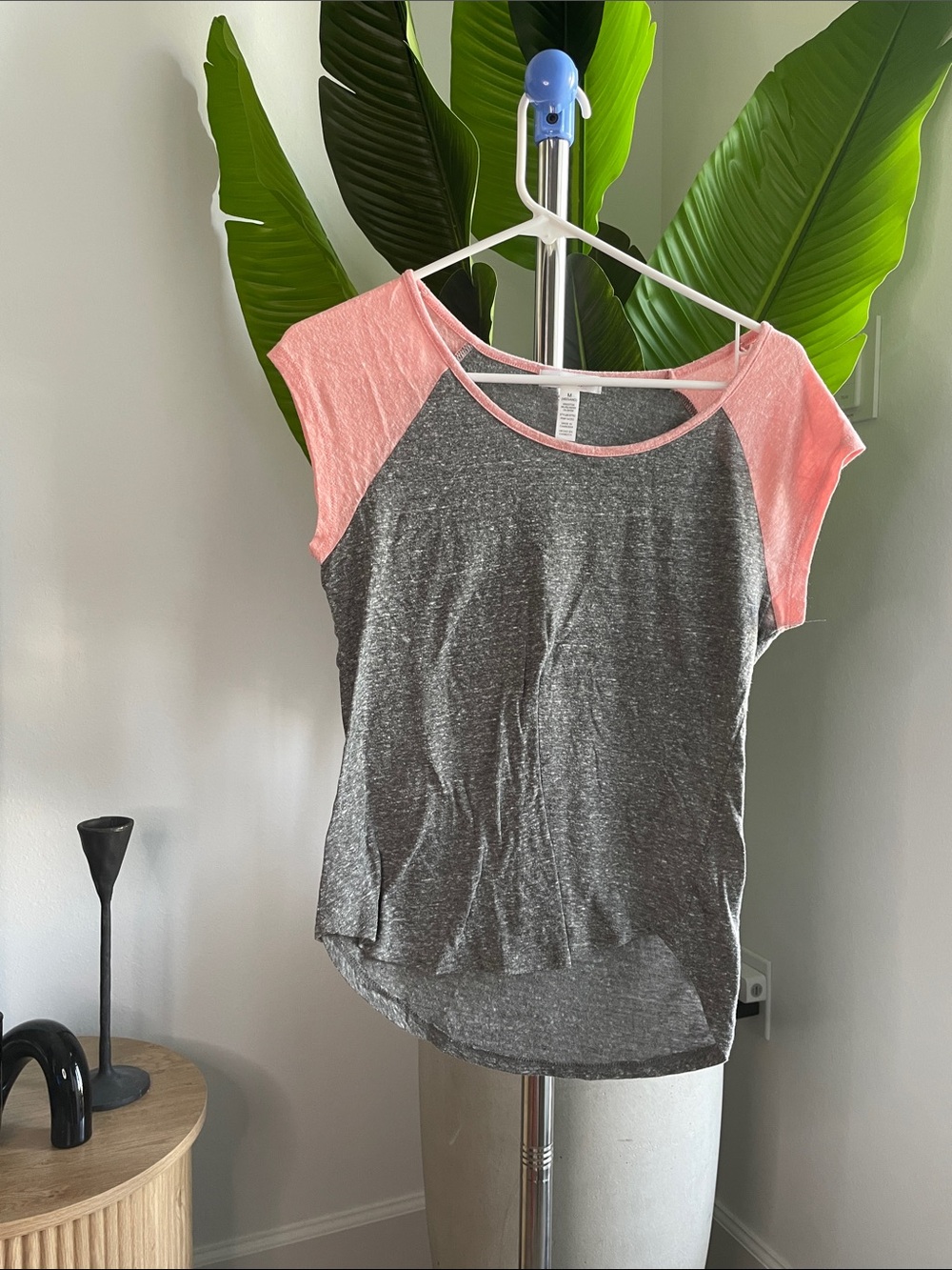 Ambiance Charcoal Heather Raglan Tee with Pink Sleeves